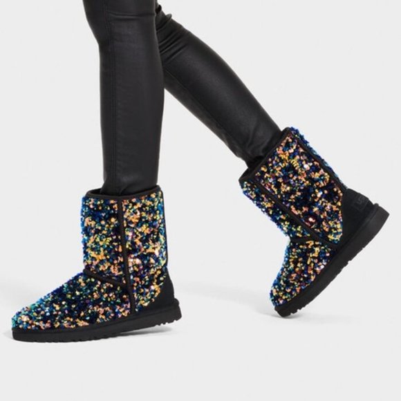 UGG Shoes - UGG Classic Short Stellar Sequin Sparkle Boots Size 10 Black Mid Calf Pull On